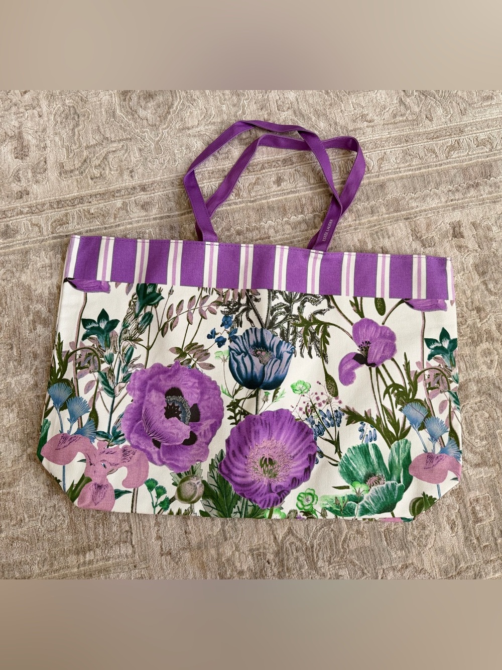 Estée Lauder Large Floral Tote Bag Purple Botanical Print Shopping Beach Bag NEW